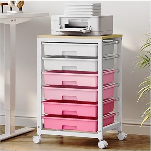 Utility Cart With 6 Drawers and Wooden Tabletop, Storage Cart on Wheels for Office, Classroom, Bathroom, Bedroom - Pink