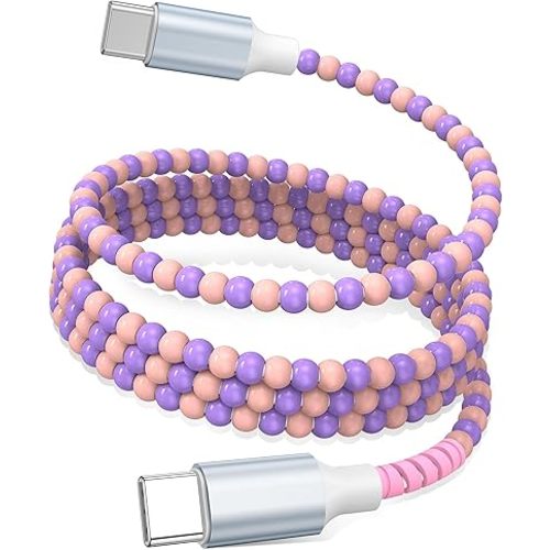 USB C to USB C Cable 6FT,60W Fast Charging Beaded Charger Cord for iPhone 17 16 15 Pro Max/iPad Air 11th 10 for Samsung S26 S25 S24 Ultra S23 A17/Android Phone Charger Cord Cute Girls Women,PinkPurple