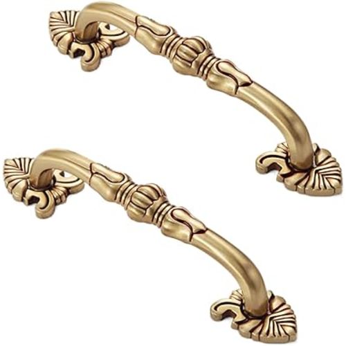 2 Pack Antique Brass Cabinet Handles 3.75 inch French Provincial Drawer Pulls Vintage Cabinet Hardware Floral Drawer Pull Solid Brass Antique Gold Handles for Dresser- Gold with Red
