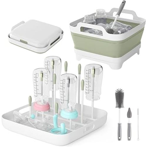Volnamal Collapsible Wash Basin for Baby Bottles - Portable 2.4 Gallon Dish Basin with Drying Rack & Lid, Foldable RV Sink Tub for Camping, Sturdy Wash Tub for Kitchen, Camping, Outdoor Use (Green)