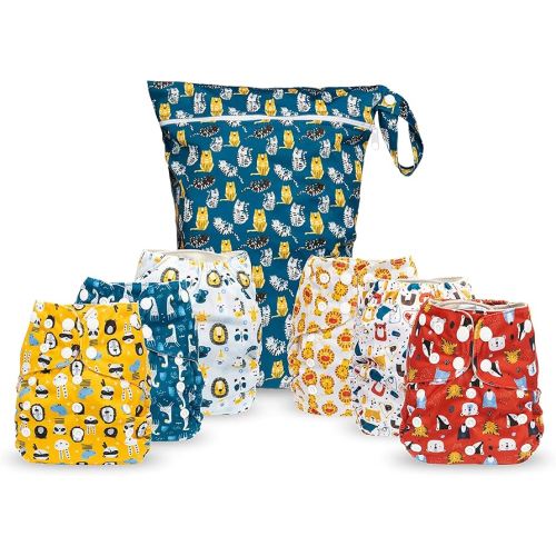 Simple Being Reusable Cloth Diapers, Double Gusset, One Size Adjustable, Washable Soft Absorbent, Waterproof Cover, Eco-Friendly Unisex Baby Girl Boy, six 4-Layers Microfiber Inserts (Boy Animals)