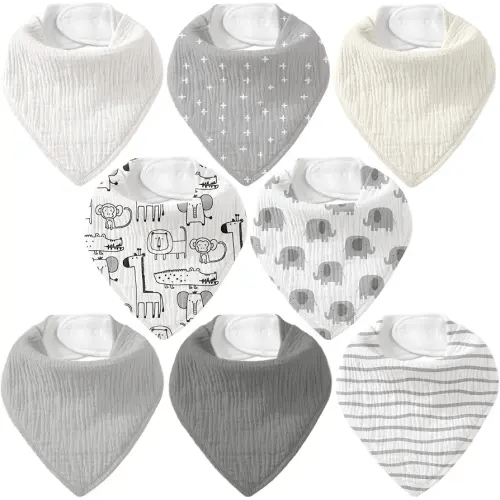 Muslin Baby Bibs 8 Pack, Baby Bandana Drool Bib for Drooling and Teething, Cotton Soft Absorbent for Girls Boys (Grey Animals)