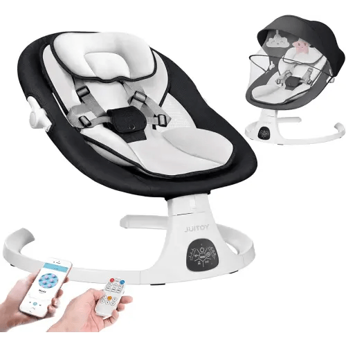 Electric Baby Swings for Infants to Toddler Baby Swing with 5-Speed 3-Seat Positions 5-Point Carabiner,with Bluetooth Music 10-Preset Melodies (Black White)