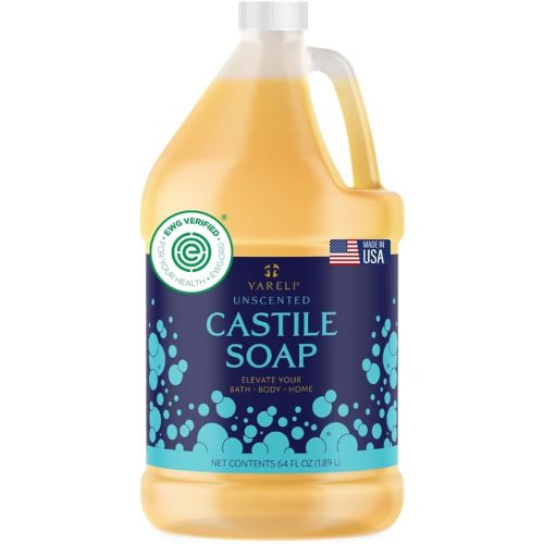 YARELI Pure Castile Soap Liquid, Unscented, EWG Verified with All Organic Oils for Adults, Kids and Babies as Body Wash or Hand Soap, 64oz Refill