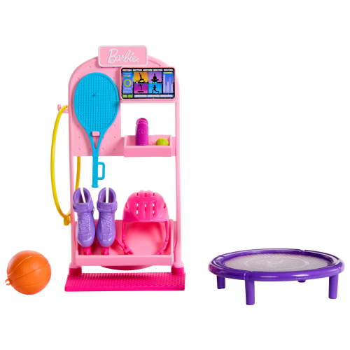 Barbie World Sport Rack Toy Playset with 9 Doll Accessories Including Trampoline, Tennis Racket, & Skates