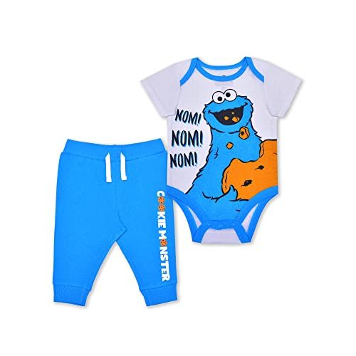 Sesame Street Boys’ Cookie Monster Bodysuit and Jogger Set for Newborn and Infant – Blue/White