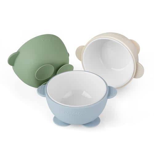 PandaEar 3 Pack Ceramic Baby Bowls with Silicone Sleeves | Non-Slip Suction Base, Microwave & Dishwasher Safe Toddler Bowls | BPA Free Baby Feeding Bowls Set (Blue/Green/Beige)