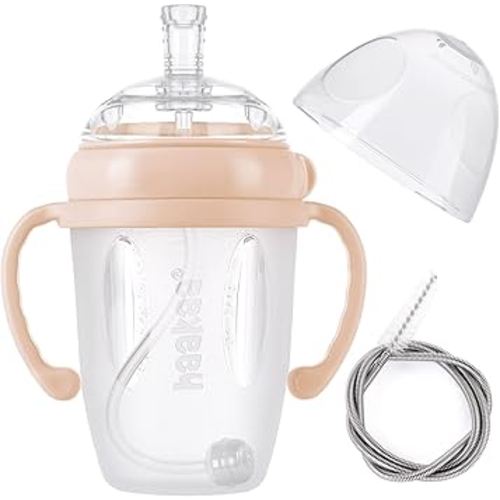 haakaa Weighted Straw Cup Sippy Cup for 6+ Month Old, Silicone Baby Straw Cup Water Cup Training Cup with Straw Brush, 8oz/250ml, Peach