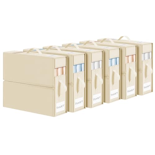 DIMJ Bed Sheet Organizers and Storage 6 Pack - Foldable Sheet Organizer for Linen Closet, Bedding Storage Box for organization, Sheets Set Holder for Blanke, Towel (King & Queen Size), Beige