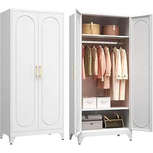 Metal Wardrobe Cabinet for Hanging Clothes, 71" Tall Armoire Wardrobe Closet with Hanging Rod, White Clothing Storage Cabinet with Doors and Shelves, Large Closet for Bedroom-Assemble Required