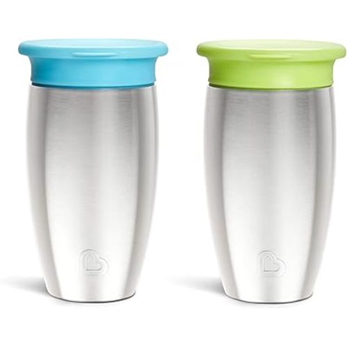 Munchkin Stainless Steel Sippy Cups for Toddlers 1-3, Spill Proof Miracle 360 Cup, Insulated, 10 Ounce, 2 Pack, Blue/Green
