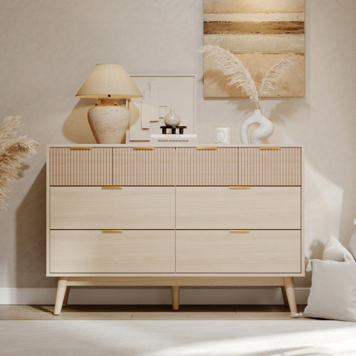 East Urban Home Natural Wood Color 8-Drawer Dresser - Striped Surface And Gold Handles | Wayfair