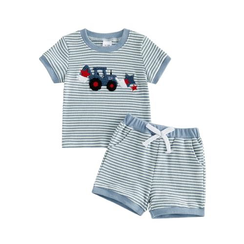 Toddler Baby Boy Summer Outfits Short Sleeve Embroidered T Shirt Tees + Striped/Plaid Shorts Infant Clothes Set
