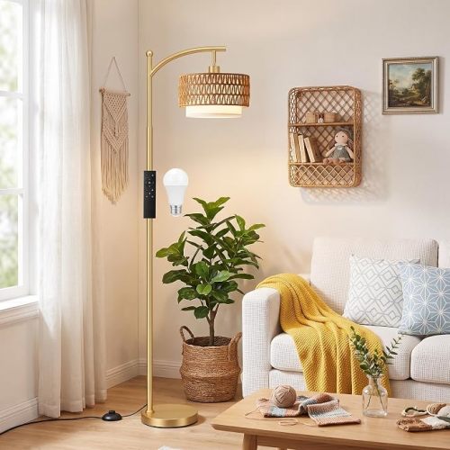 Ambimall Arc Floor Lamp with Remote & Rattan Double Shades, Gold Rustic