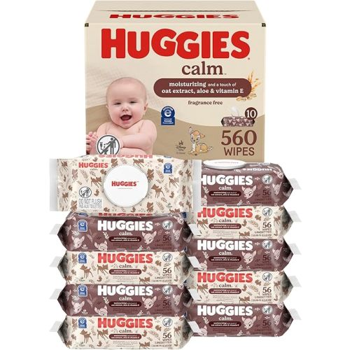 Huggies Calm Baby Wipes, Unscented, Hypoallergenic, 10 Push Button Packs (560 Wipes Total)