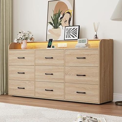 9 Drawers Dresser for Bedroom, 63" Wood Dresser with Power Outlet, LED Lights and Deep Drawers, Wide Chest of Drawers, Modern Minimalist Closet Dresser for Kids Bedroom, Living Room, Nursery, Oak
