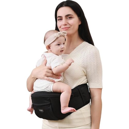 SUNVENO Baby Hip Carrier, CPC-Certified Ergonomic Carrier for 7-45lbs with Adjustable Extended Waistband, Non-Slip Hip Seat Surface for Newborns & Toddlers, All Seasons Infant Carrier, Black