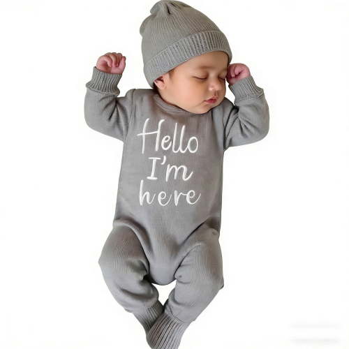 "Hello" Embroidery Knitting Onesie Newborn Birth Announcement Outfits Footed Jumpsuit Baby Boy Girl Photography Props Newborn