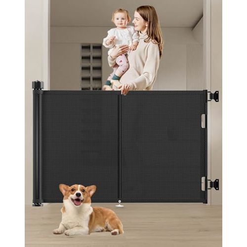 Miumoon 59 inch Reinforced Retractable Baby Gates 34 inch Tall | Retractable Dog Gate with No Crawl Through Reinforced Strip, 5 FT Retractable Gate for Stairs,Doorways,Hallway,Indoor/Outdoor