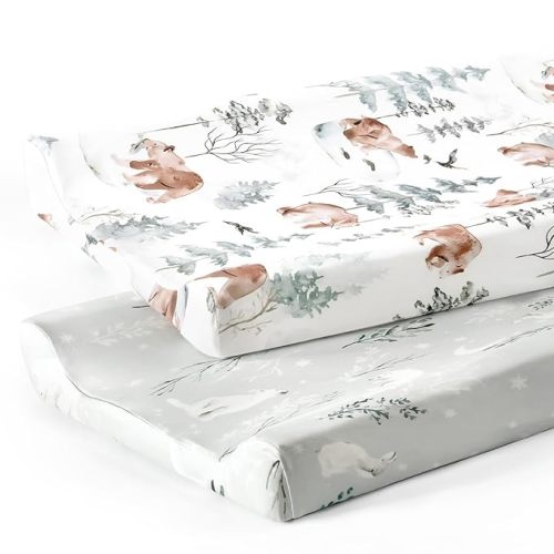 GRSSDER Stretch Ultra Soft Jersey Knit Changing Pad Cover Set 2 Pack, Change Table Pad Covers Fit 32"/34" x 16" Pads Safe and Snug, Stylish Pattern for Boys and Girls, African Savannah Animals