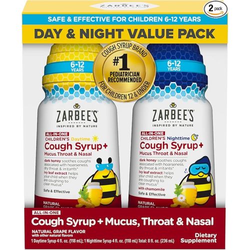 Zarbee's Children's All-in-One Honey Cough Syrup + Mucus, Throat & Nasal Day & Night Value Two Pack for Kids 6-12 + Dark Honey, Ivy Leaf Extract, Zinc Turmeric Root & B-Vitamins, Grape, 2 x 4 fl. Oz
