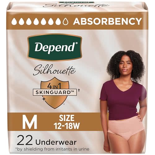 Depend Silhouette Adult Diapers, Incontinence & Postpartum Bladder Leak Underwear for Women, Maximum Absorbency, Medium, Pink, 22 Count, Packaging May Vary