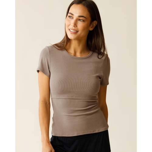 Ribbed Bamboo Crew Neck Nursing T-shirt | Taupe - Kindred Bravely