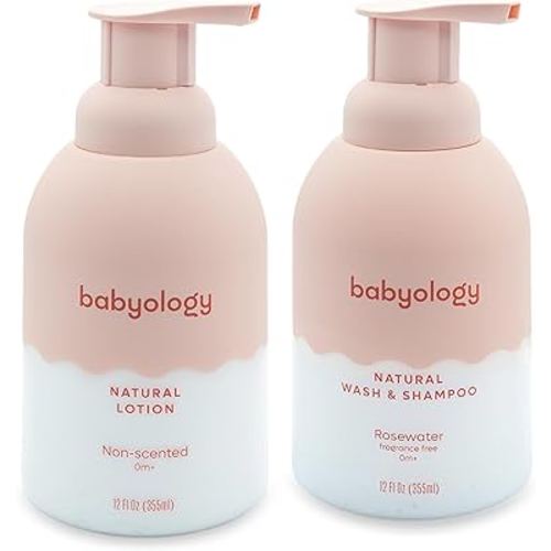 Babyology - 100% Edible Ingredients - All Natural Baby Wash and Shampoo Rose + Organic Baby Lotion SET - 12 FL OZ Good for Sensitive Skin or Eczema - Non Toxic - Fragrance Free (Set of 2)