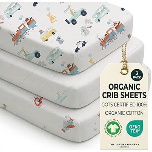 100% Organic Cotton Baby Crib Sheets (3-Pack) – GOTS Certified, Soft Fitted Sheets for Mini Mattress & Pack n Play, 5 in Deep Pocket with Secure Elastic Fit, Boys & Girls, (28" x 55") Tiny Explorers