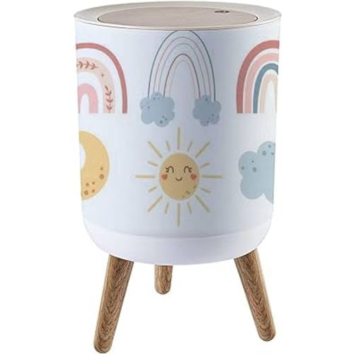 Small Trash Can with Lid Boho Rainbow Pastel spring kids clipart set moon and sun baby design Garbage Bin Round Waste Bin Press Cover Dog Proof Wastebasket for Kitchen Bathroom Living Room 1.8 Gallon