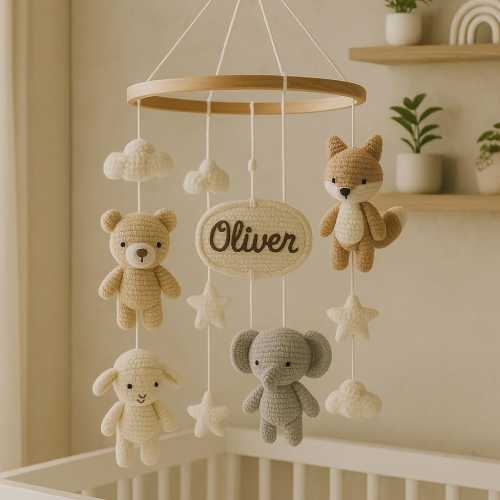 Personalized Yarn Baby Mobile with Name – A Memorable Keepsake Gift for Your Little One Featuring Handmade Clouds Stars & Soft Plush Accents