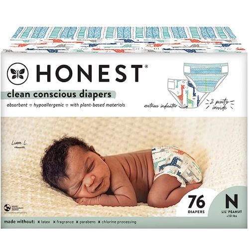 The Honest Company Clean Conscious Diapers | Plant-Based, Sustainable | Dots & Dashes + Multi-Colored Giraffes | Club Box, Size Newborn, 76 Count - 76 Count (Pack of 1) - Dots & Dashes + Multi-colored Giraffes