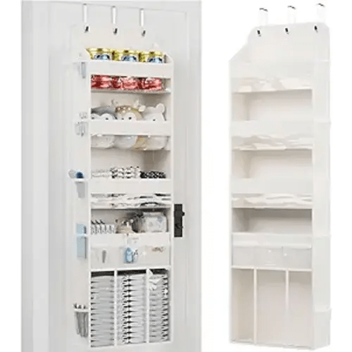 5-Tier Over the Door Organizer with Removable Storage Caddy, Baby Clothes Organizer for Nursery, Hanging Behind Door Storage with Clear Pockets and Side Mesh Compartments, Beige