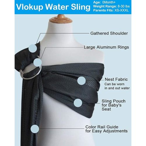 Vlokup Baby Water Ring Sling Carrier | Lightweight Breathable Mesh Baby Wrap for Infant, Newborn, Kids and Toddlers | Perfect for Summer, Swimming, Pool, Beach | Great for Dad Too Light Gray
