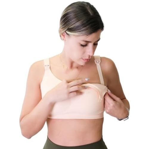 Zomee Ultra Comfort Nursing Bra for Breastfeeding Mom,Pregnancy Secure Wireless Seamless Maternity Bralette Sleeping (Nude)