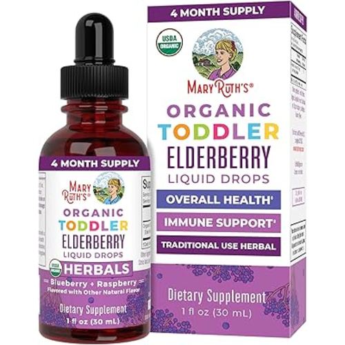 MaryRuth Organics Toddler Elderberry Syrup, USDA Organic Elderberry, Sugar Free Kids Immune Support Supplement for Ages 1-3 Years, Clean Label Project Verified®, Vegan, Non-GMO, Gluten Free, 1 Fl Oz