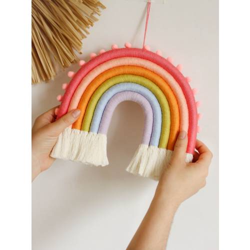 Macrame Rainbow Wall Hanging, Fiber Rainbow Nursery Decor with Pompoms