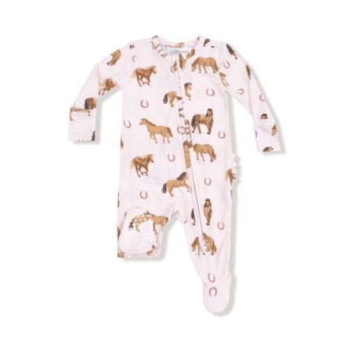 Shop Horses Pink 2 Way Zipper Ruffle Footie - 6-9M - Li'l Baby Sprouts