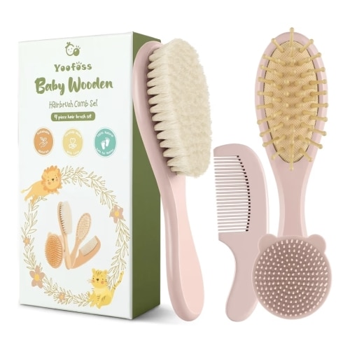 Yoofoss 4 Piece Baby Hair Brush and Comb Set,Wooden Baby Hair Brush with Natural Ultra Soft Goat Hair, Baby Comb Set for Boy, Girl - Pink