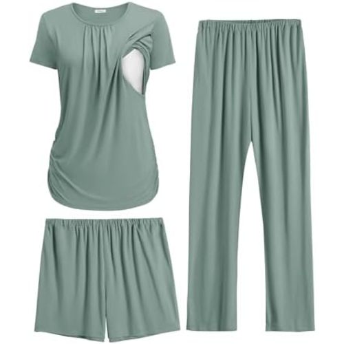 Ekouaer Maternity Nursing Pajamas Set 3 Piece Postpartum Lounge Breastfeeding Pjs Pregnancy Shorts & Pants S-XXL