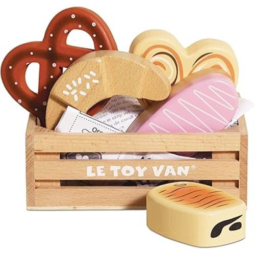 Le Toy Van - Educational Wooden Honeybee Market Baker's Basket Crate | Wood Play Food | Supermarket Pretend Play Shop Food