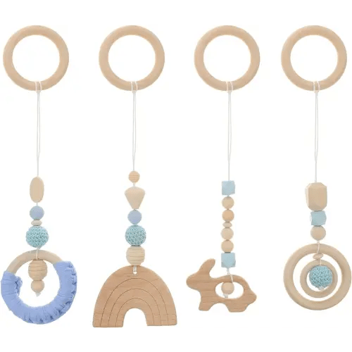 Teething Rings 4Pcs Baby Gym Wood Toys Wooden Hanging Toy Wood Activity Pendant Hanging Toy Dangling Teething Soother Sensory Toys Nursery Decor Montessori Play Gym
