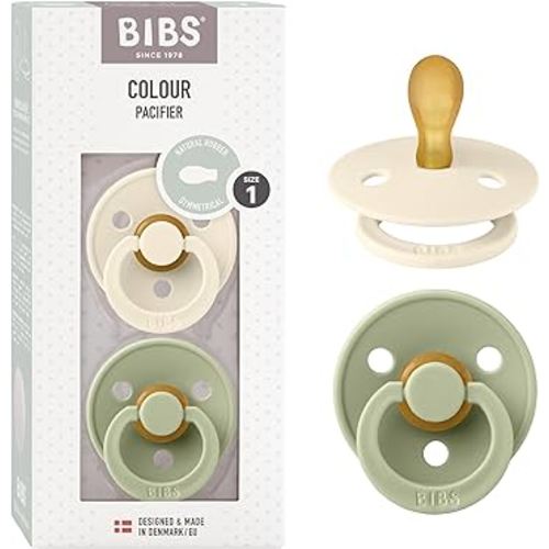 BIBS Pacifiers 0-6 Months | Set of 2 Colour Pacifier with Symmetrical Nipples | BPA-Free Natural Rubber | Made in Denmark | Ivory/Sage, 0-6 Months