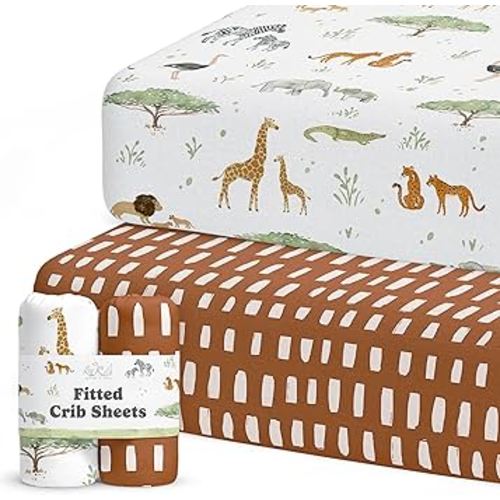 Crib Sheets Neutral - Fitted Baby Crib Sheets Bed for Girl Boy - 2 Pack Standard & Toddler Mattress (Safari Adventure) - Buttery Soft Organic Cotton Blend