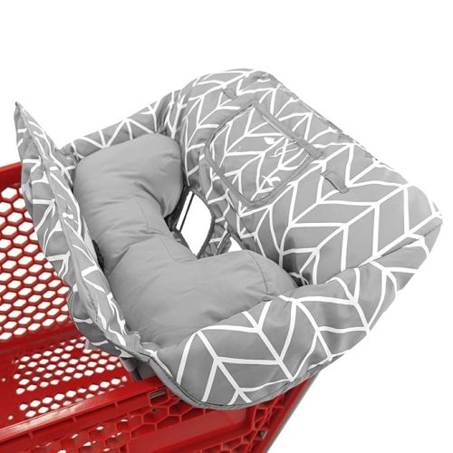 Love&go Soft Pillow Attached 2-in-1 Shopping Cart and High Chair Cover for Baby, Cotton Padded Cart Cover, Fold'n Roll Style, Portable with Carry Bag (Gray Chevron)