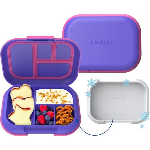 Bentgo Chill Kids Leak-Proof Lunch Box - 4-Compartment Bento Box with Built-In Ice Pack, 3.3 Cup Capacity, PFAS & BPA-Free, Microwave & Dishwasher Safe, Ideal Size for Ages 3 to 7 (Electric Violet)