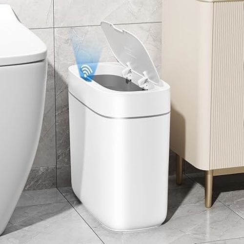 JUDRDO Small Trash Can for Bathroom, 3.5 Gallon Automatic Touchless Trash Can with Lid,Motion Sensor Slim Garbage Can Waterproof Trash Bin Waste Basket for Bedroom, Kitchen