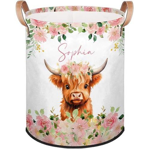 Custom Highland Cow,pink Flower Laundry Hamper, Personalized Laundry Baskets with Name, Dirty Clothes Hamper with Handles Storage Basket for Bedroom Bathroom