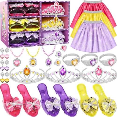 LJZJ Princess Dress Up Toys & Jewelry Boutique, Costumes Set incl Color Skirts, Shoes, Crowns, Accessories, Girls Role Play Gift for 3 4 5 6 Year Old Girl Toddler B-Day Party Favors