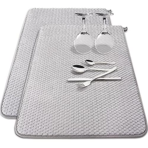 2 Pack Microfiber Dish Drying Mat,24 x 17 inch Super Absorbent Drying Pad,Large Size Dish Drying Mat for Countertops,Sinks,Draining Racks,Gray